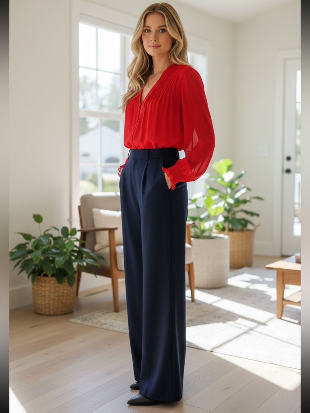 1. State Vibrant Red Pleated Blouse Ruffled Neck NWT retail $79